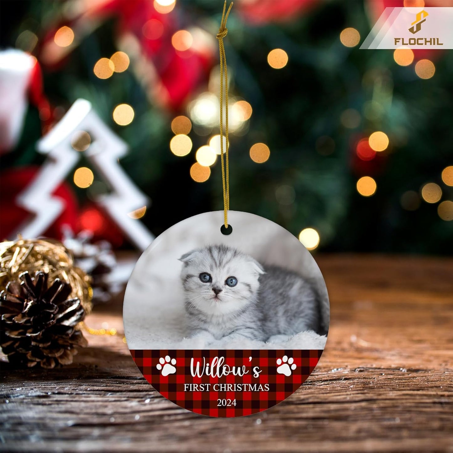 FLOCHIL Personalized Cat Christmas Ornaments Custom Photo Name for Christmas Trees, Cat First Christmas Ornaments, Gifts for Pet Lovers