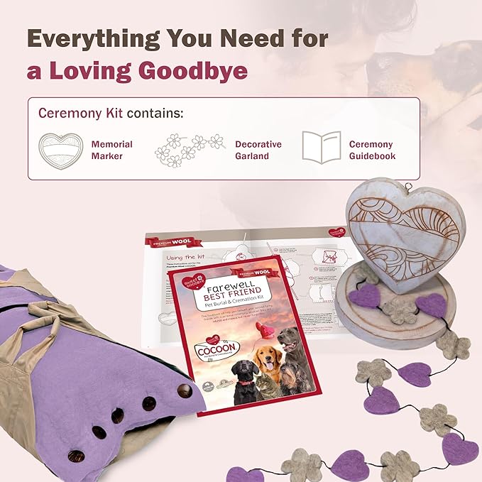 Cocoon® - Eco-Friendly Pet Burial & Cremation Ceremony Kit (Premium Wool) - Casket for Dogs and Cats (Choose Size & Color) (Small, Lavender)
