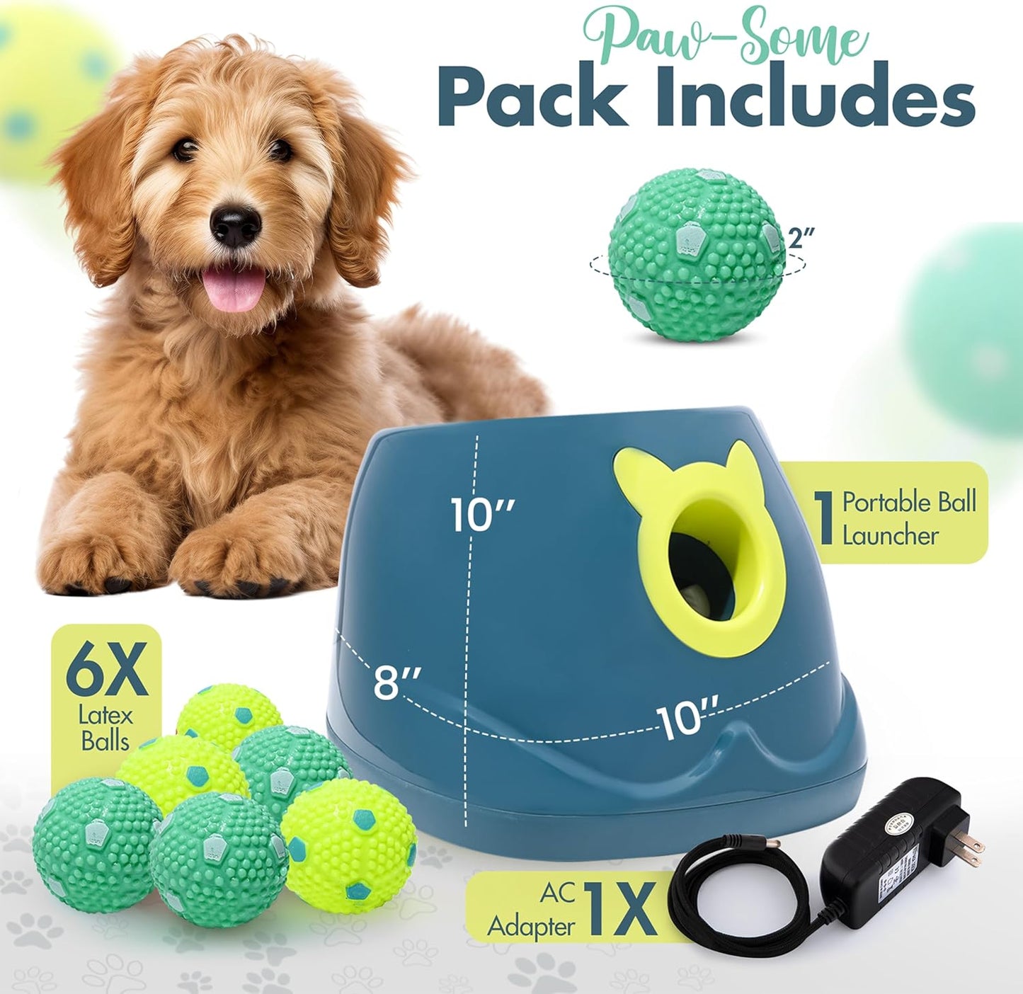Automatic Dog Ball Launcher - Dog Ball Fetch Machine, Ball Thrower for Dogs, for Small to Medium Sized Dogs, Interactive Dog Toy with 6 Latex Balls, Plug-in & Battery Options - 4 Launch Distances