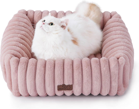Bedsure Cute Dog Bed for Small Dogs & Cats - Washable Furry Puppy Beds, Rectangle Orthopedic Corduroy Fleece Pet Beds with Removable Zipper Cover, 20x19x6inches, Blush Pink