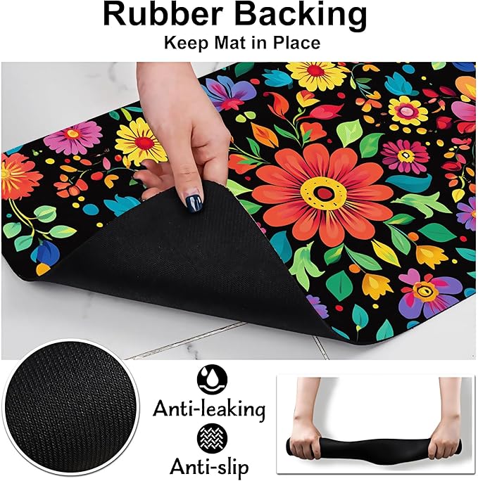 Colorful Mexican Floral Pet Feeding Mat-Quick Dry Absorbent Dog Cat Food Mat, Anti-Slip Water Bowl Mats for Messy Eaters-No Stains Indoor Pet Accessories 16"x24"