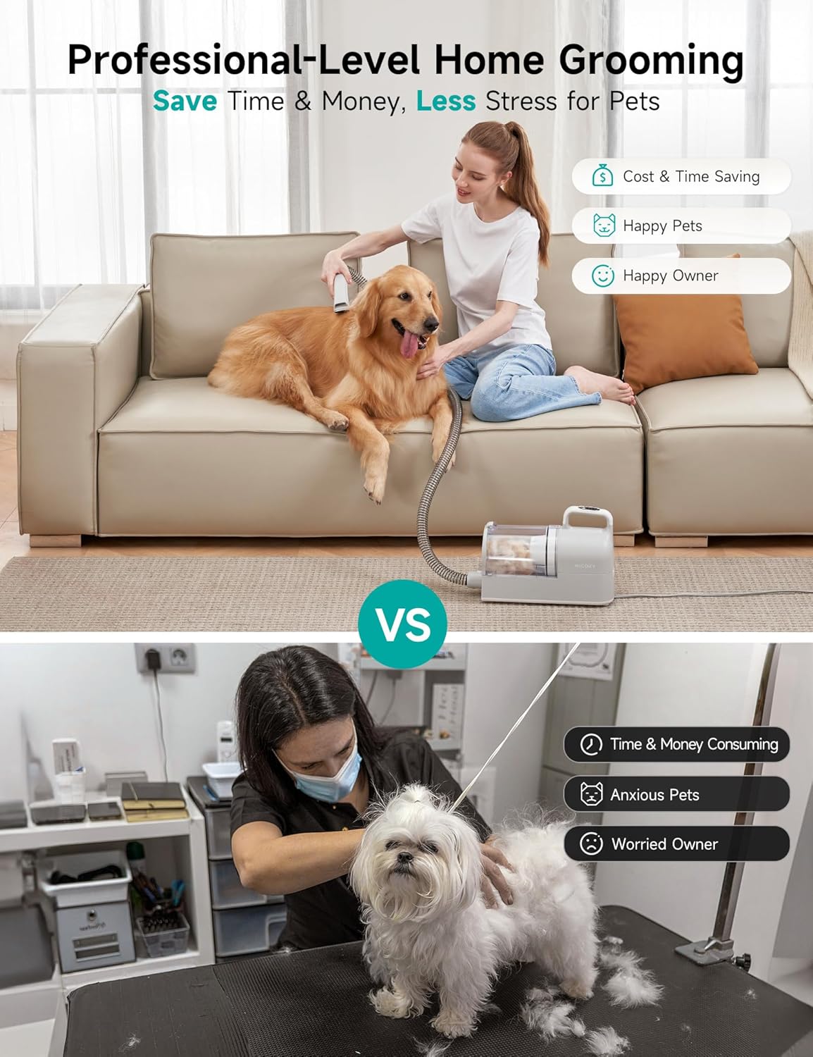 Hicozy S1+ Dog Grooming Vacuum, 12000Pa Minimum 50dB Quiet Dog Vacuum for Shedding Grooming with 2L Dust Cup, 6 Professional Pet Accessories with Clippers, Gray