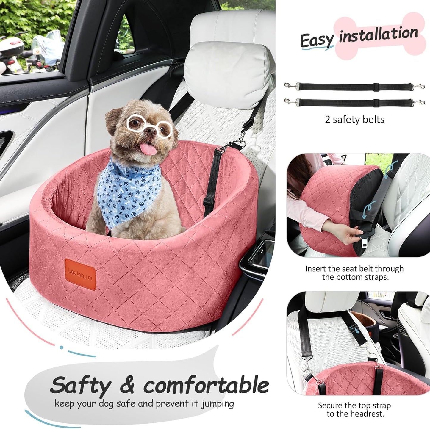 Dog Car Seat for Small Dogs Up to 30 Lbs,Ultra Soft Fabric Fill in Comfy Memory Foam,Happy Pet Ride,2 Safety Dog Leashes,Fully Detachable and Washable,Anti Slip Base(Pink)