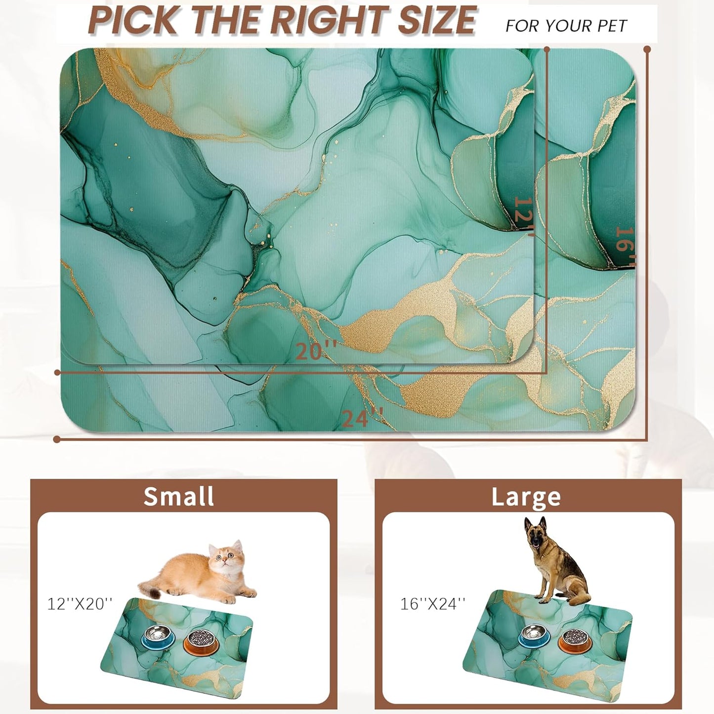 Marble Dog Food Mat for Floors,Green Gold Flowing Marble Absorbent Quick-Dry Pet Feeding Mat,Cat Dog Bowl Mats for Food and Water,Non-Slip Pet Accessories Supplies 12"x20"