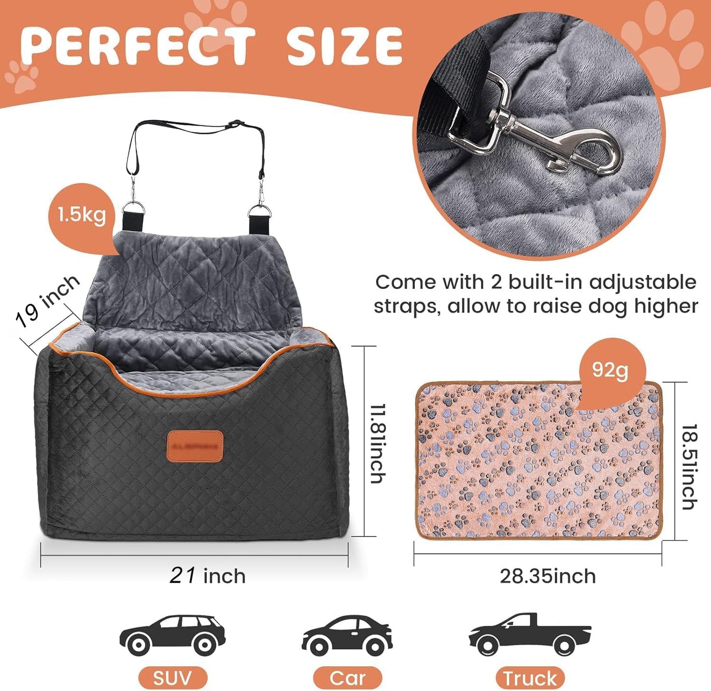 Memory Foam Booster Dog Car Seat with Washable Removable Cover, Elevated Pet Car Seat, Anti-Slip Sturdy Booster Seats for Small Dogs 35lbs, Seat Belt, Storage Pocket, Dog Blankets