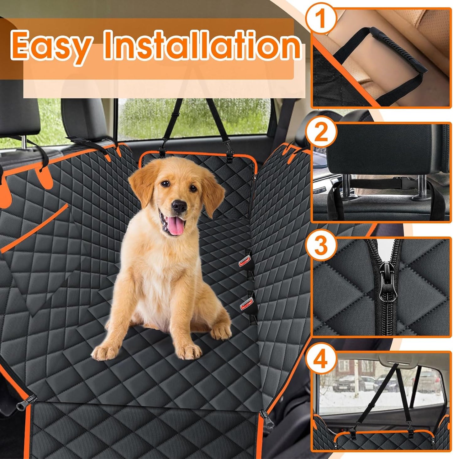 Waterproof Dog Car Seat Cover for Back Seat - Durable, Scratch Proof Pet Hammock with Nonslip Design & Storage Pockets, Fits Cars, SUVs, Trucks- S, Black/Orange