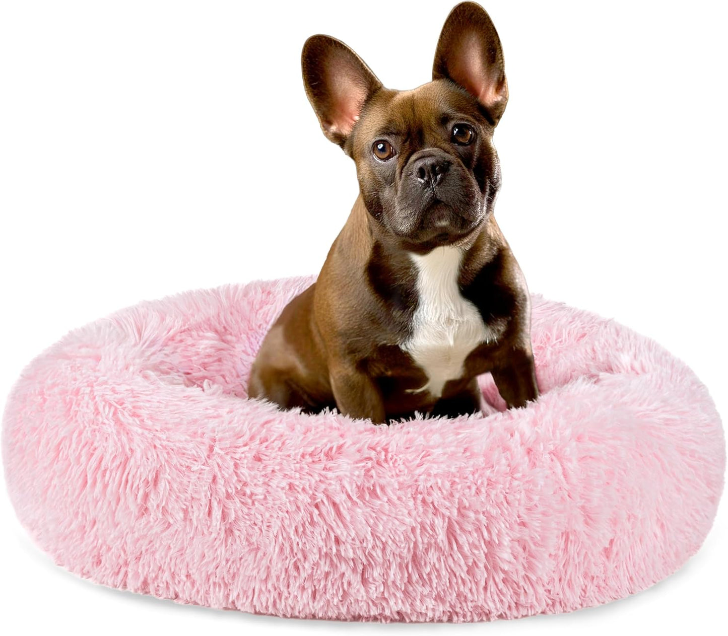 PetAmi Calming Dog Bed for Small Medium Dog Cat, Round Donut Dog Bed Washable, Fluffy Faux Fur Plush Cuddler Pet Kitten Cushion Bed, Anti-Slip, Fits up to 25 lbs, 23 inch, Pink