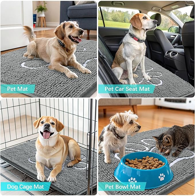 OLANLY Door Mat for Muddy Dog Paws 48x30, Absorbent Chenille Mud Doormat with Paw Print Design, Non-Slip Washable Doormat for Indoor Entryway, Quick-Dry Pet Bed Mats for Dirty Dogs, Grey and White