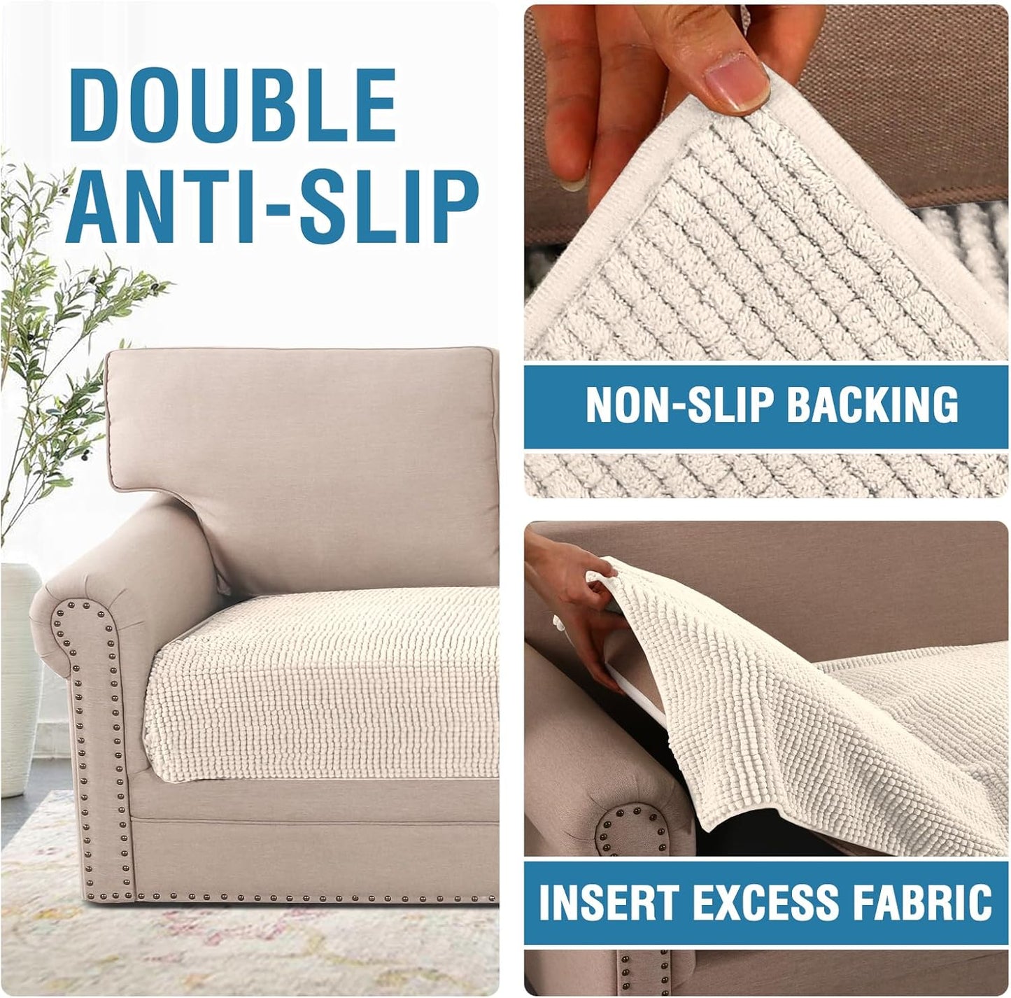 H.VERSAILTEX Plush Chenille Dog Bed Cover Thick Soft Sofa Cover for 3 Cushion Couch Anti Slip Couch Cover Furniture Protector for Dog, Pet, Cat (35" x 74", Ivory)