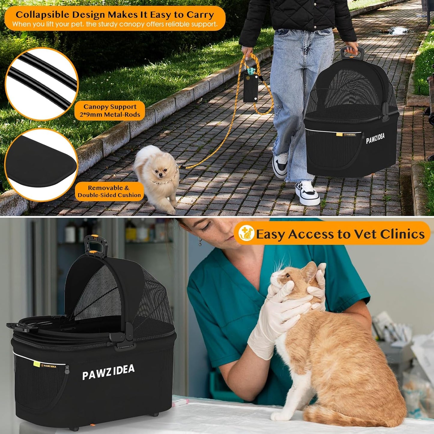 PAWZIDEA Pet Stroller 4 in 1, Cat Strollers with Detachable Carrier No-Zip Canopy, Portable Dog Crate for Car Seat Travel, Foldable & Lightweight Jogger for Small/Medium Dogs and Cats, Storage Basket