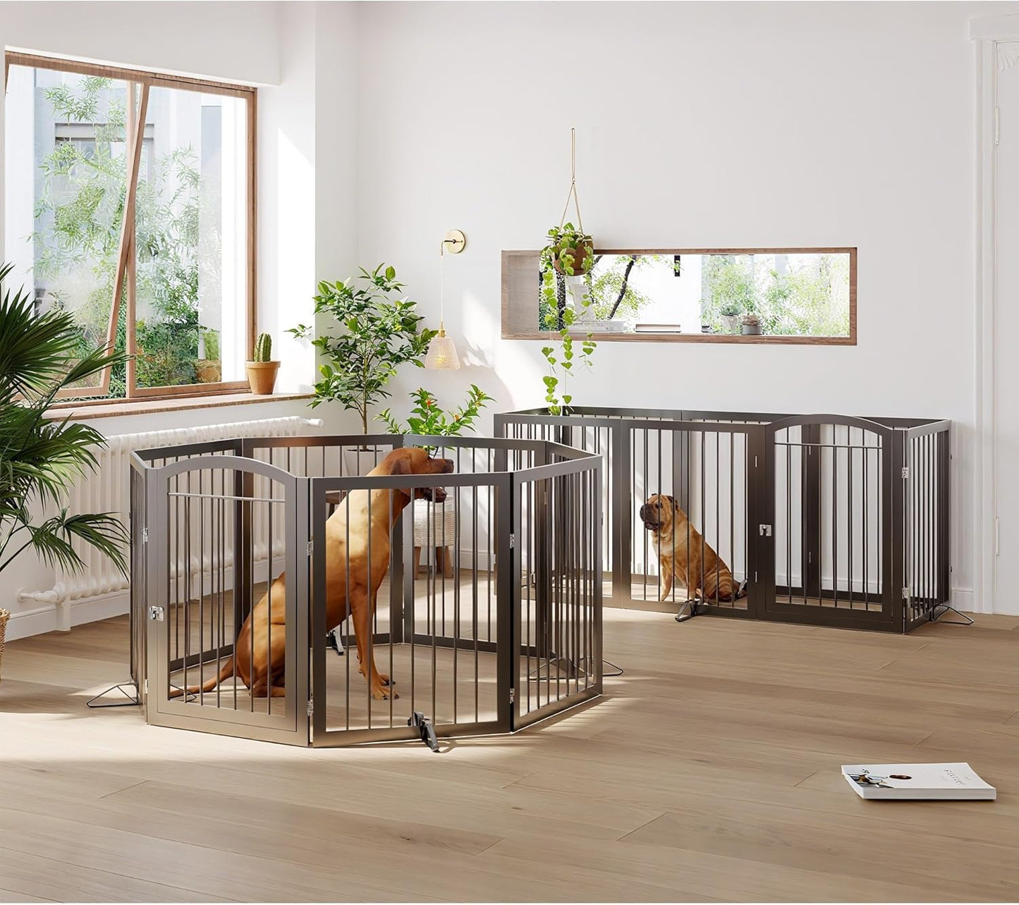 JSB 192-inch Extra Wide 30-inch Tall Dog gate with Door Walk Through,Full Matel Freestanding Round Tube Pet Gate for Halls Stairs, Puppy Safety Dog Fence with 4PCS Support Feet (Black)