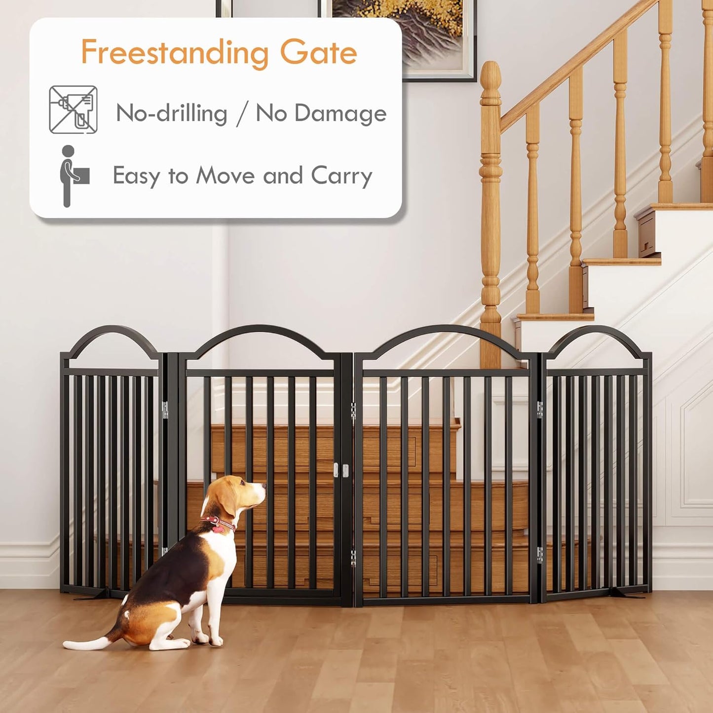 UDD Dog Gate Indoor 96" Extra Wide, 32" Tall Foldable Pet Gate with Door for Stairs Doorways Hallways Porch, Freestanding No Drilling Metal Pet Fence for Dogs Puppy, Black 4-Panel