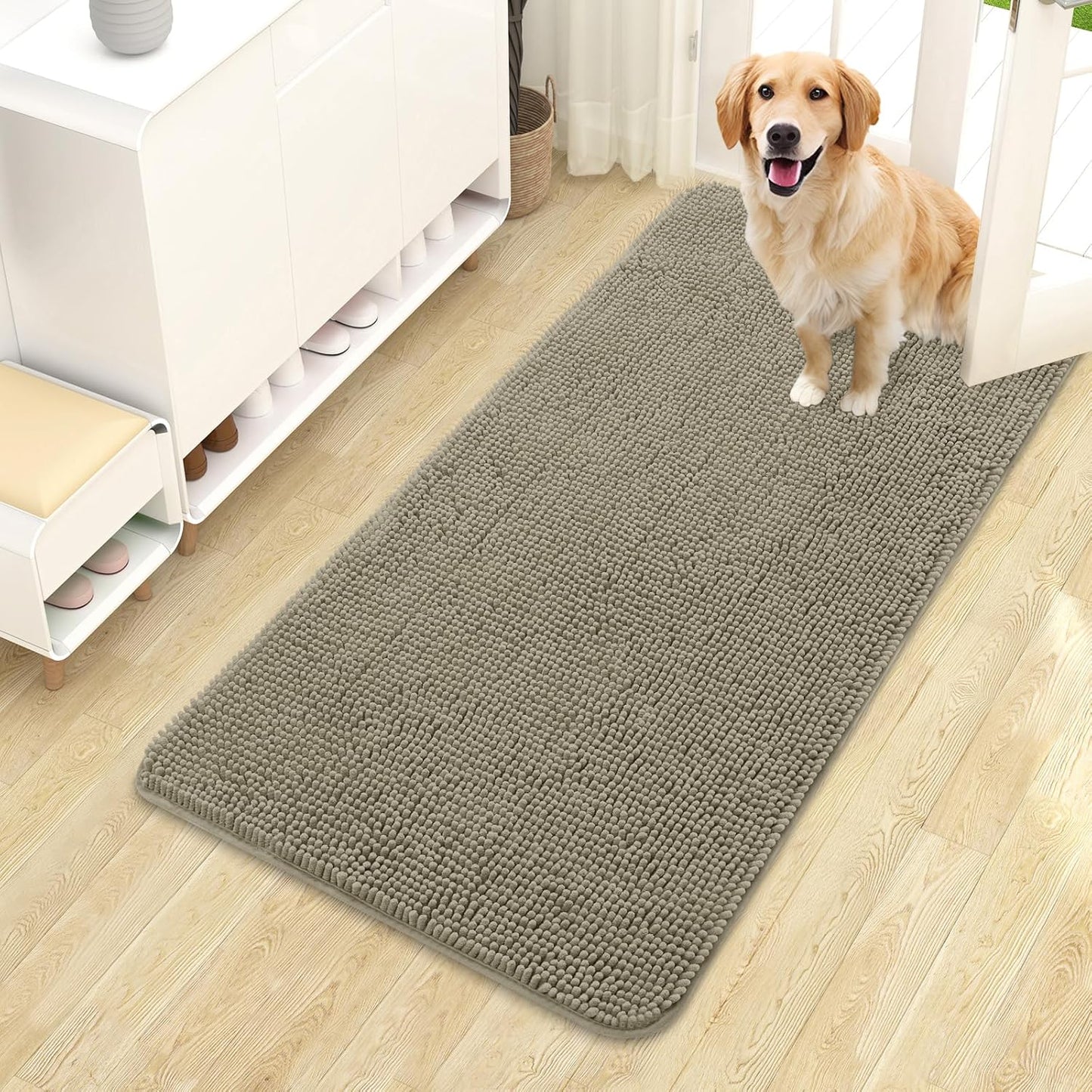 OLANLY Dog Door Mat for Muddy Paws 44x24, Absorbs Moisture and Dirt, Absorbent Non-Slip Washable Doormat, Quick Dry Chenille Mud Mat, Entry Indoor Entryway Carpet for Inside Floor, Warm Taupe