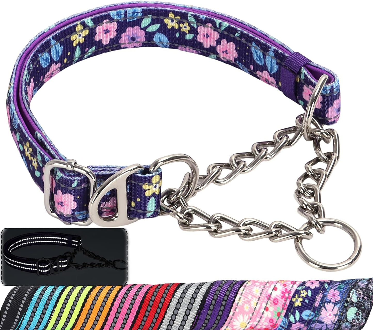 Martingale Dog Collar with Steel Chain, Adjustable Reflective Nylon & Soft Padded - for Medium, Large, XL, XXL Dogs for Training,Walking Pet Collar (Purple Flowers XXL)