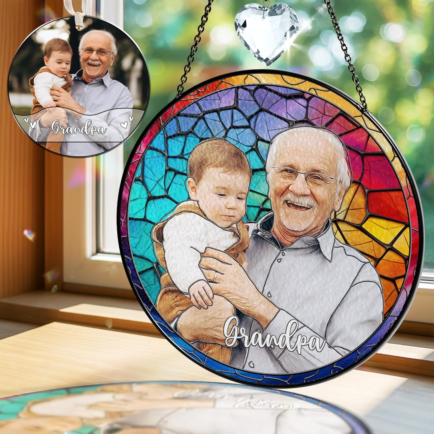 Personalized Grandma Stained Glass Suncatcher, Photo Family Faux Stained Glass Window Hanging Ornament, Custom Grandparent Day 2025 Gifts for Grandma, Birthday Gift for Dad, Grandpa