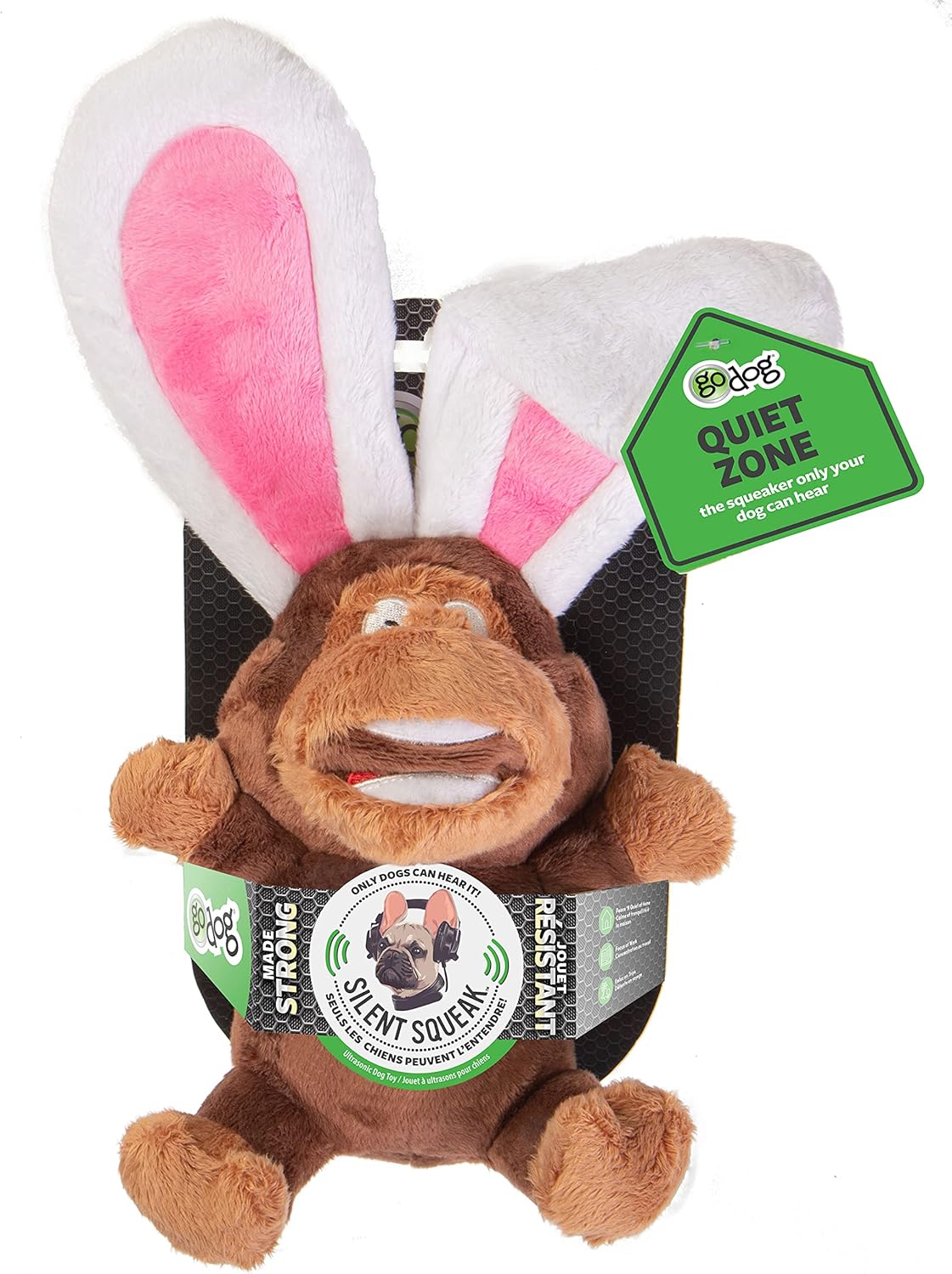 goDog Flips Monkey-Rabbit Silent Squeak Plush Dog Toy, Chew Guard Technology - Brown, Large