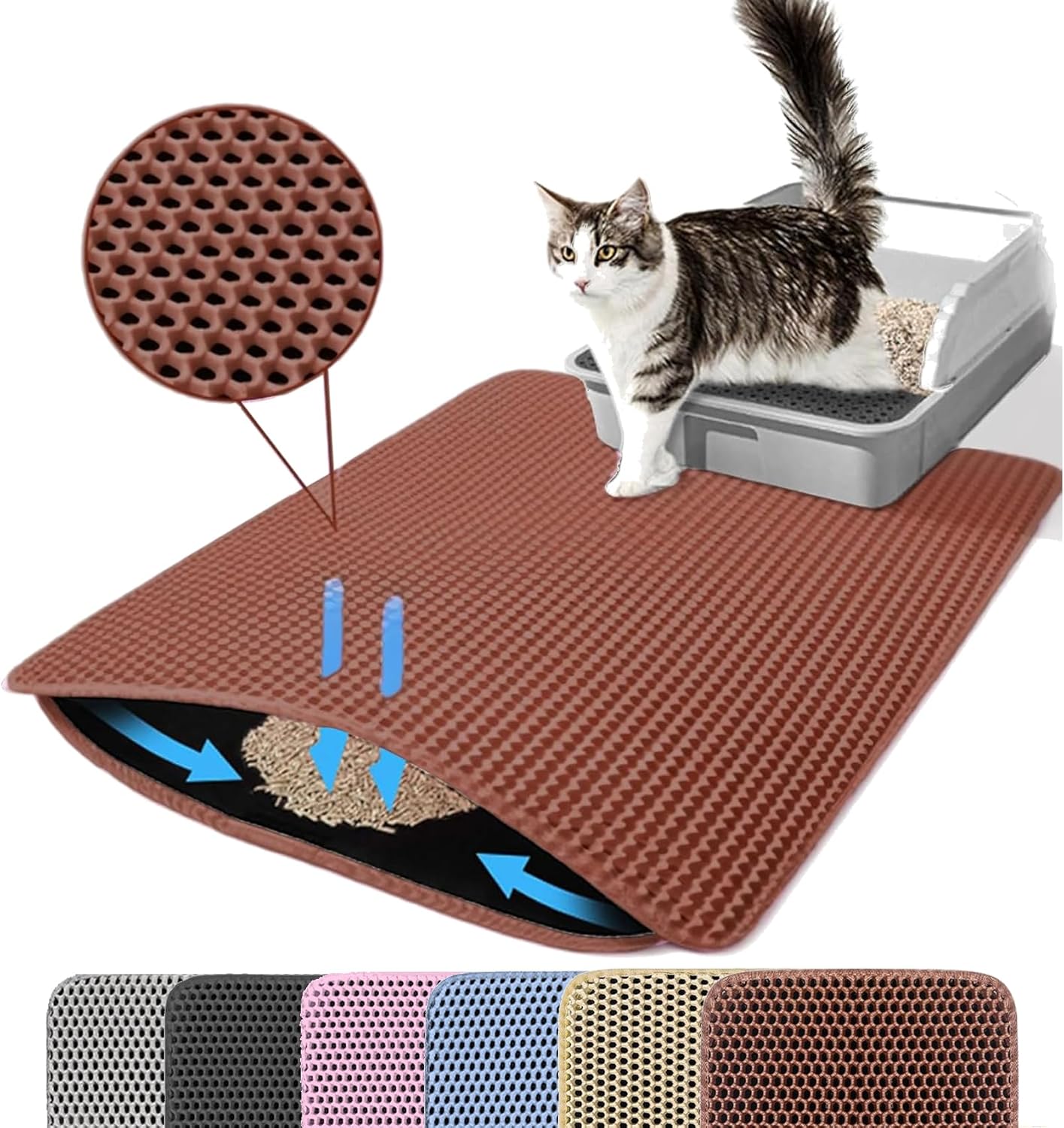 Cat Litter Mat, 24x18 Inches Large Double Layer Honeycomb Cat Litter Trapping Mat, Non Slip Waterproof Urine Proof Cat Litter Box Mat for Floor, Kitty Litter Rug, Cat Supplies, Brown