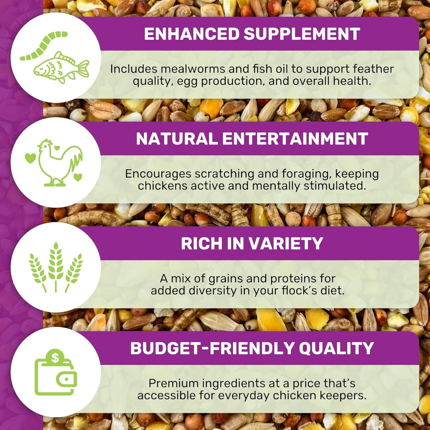 Scratch & More Chicken Feed - Enriched 5-Grain Mix with Mealworms & Fish Oil