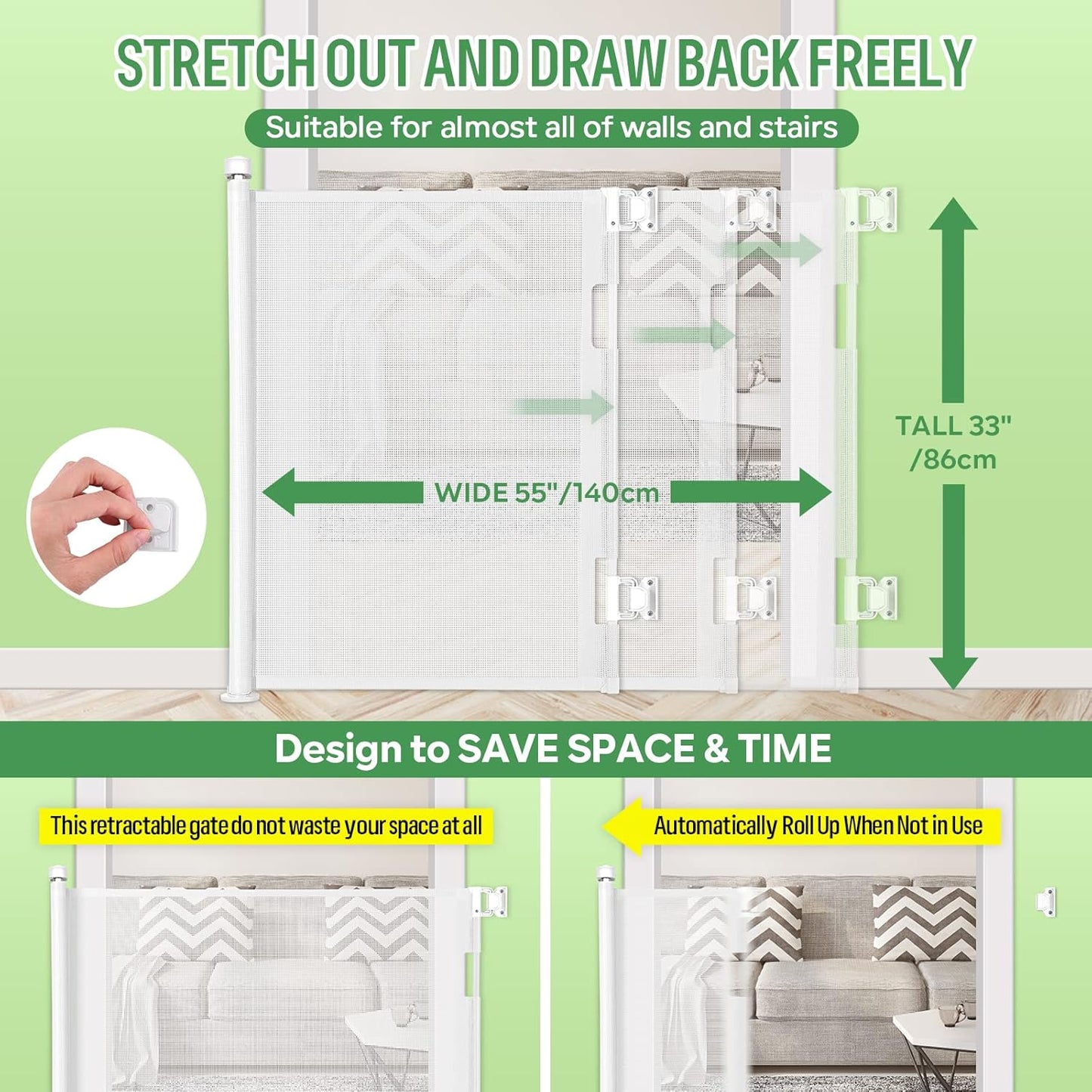 Retractable Baby Gate, Extra Wide Safety Kids or Pets Gate, 33” Tall, Extends to 55” Wide, Mesh Safety Dog Gate for Stairs, Indoor, Outdoor, Doorways, Hallways