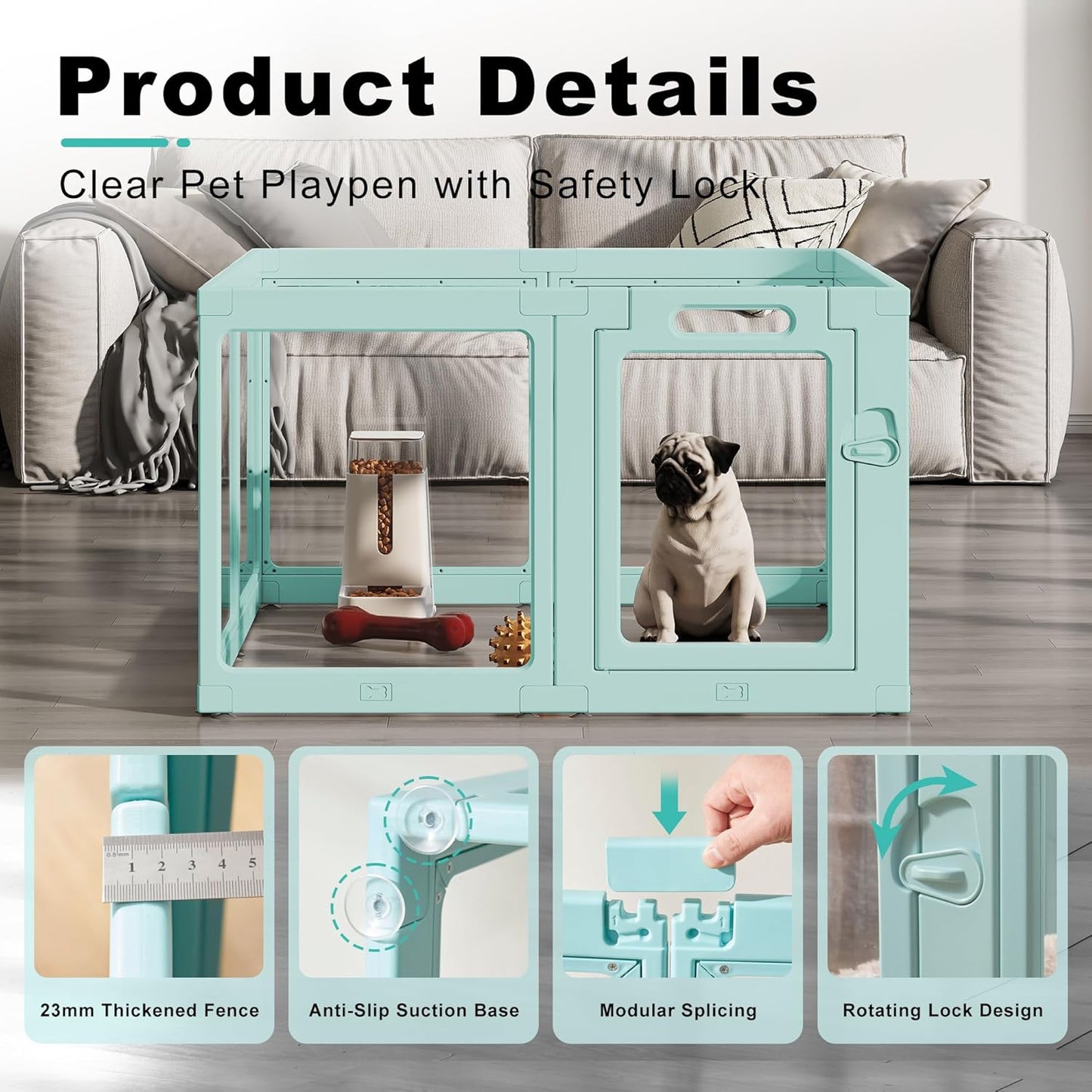 Clear Acrylic Dog Playpen Indoor, Puppy Cat Small Pet Play Pen, Pet Cat Foldable Playpen for Rabbits, Dog Fence Crate Kennel Whelping Cage (Green, 10 Panel)