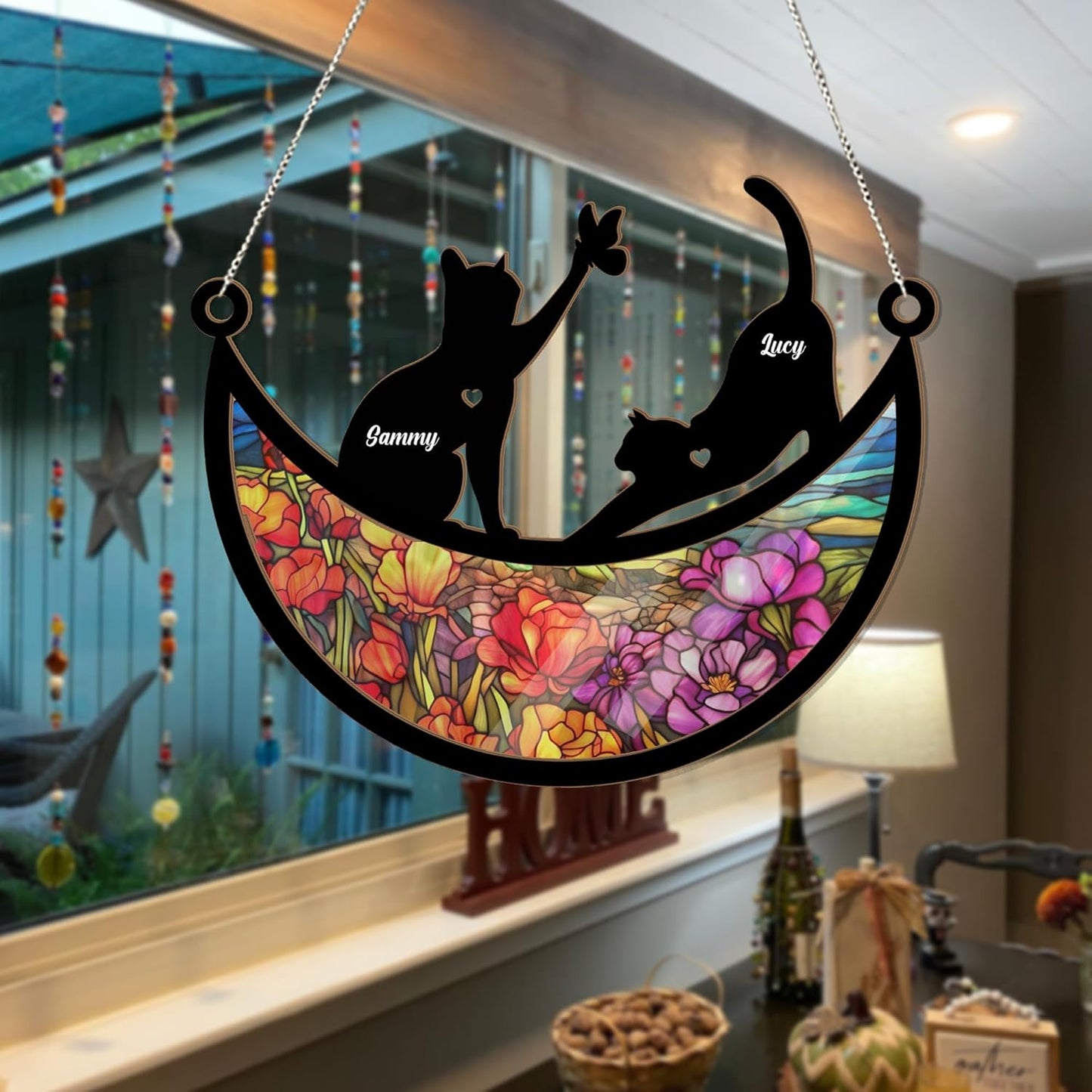 Personalized Couple Cat Suncatcher - Couple Pet On Moon Window Hanging, Loss of Pet Sympathy Gift, Furry Friends Keepsake, Engraved Cat Lovers, Remembrance Gifts