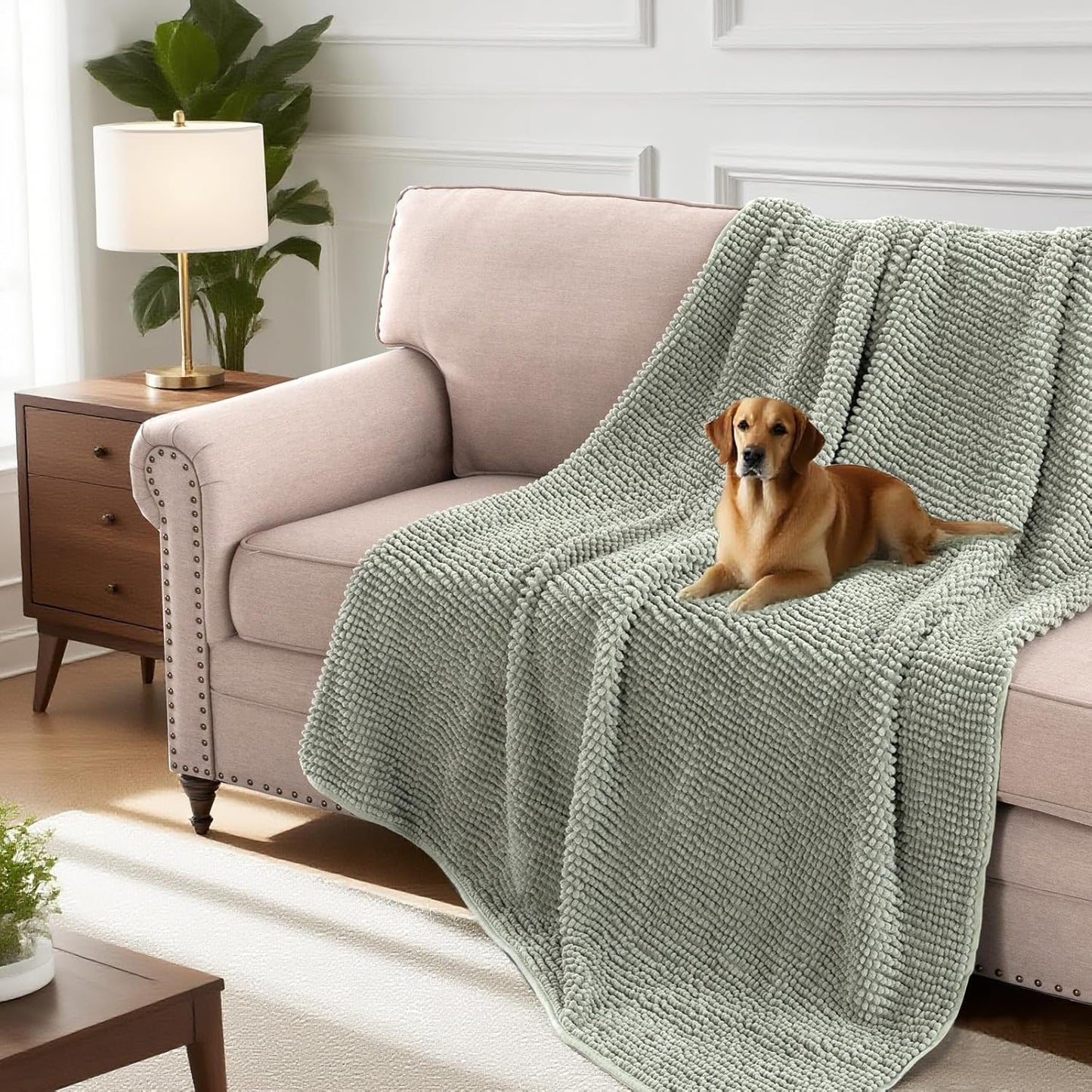H.VERSAILTEX Plush Chenille Couch Cover for Dogs Pets Blanket for Bed Anti-Slip Soft and Durable Furniture Protector for Small Medium Large Cats Washable (52" x 82", Sea Foam)