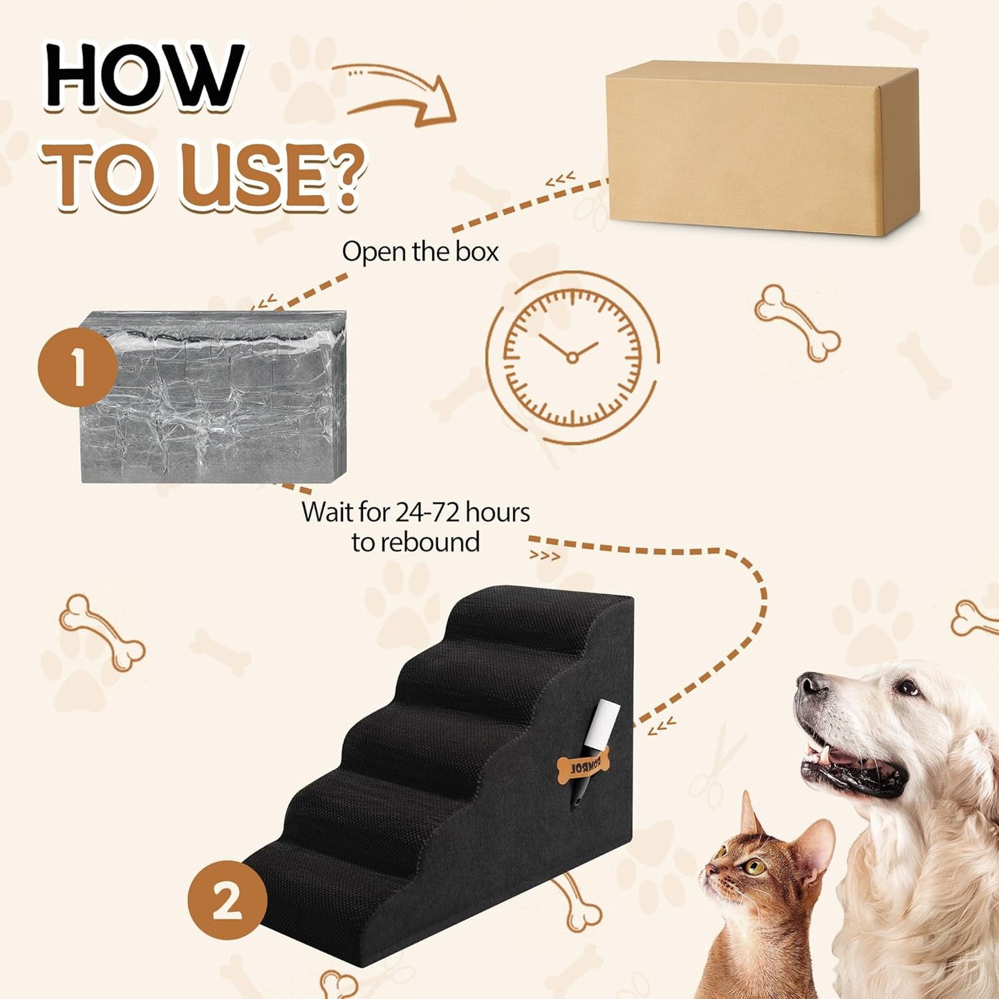 Dog Stairs, Romrol Dog Steps Ramp for High Bed and Couch, Dogs Ramp with Durable Non-Slip Waterproof Fabric Cover, Pet Stairs for Small Dogs and Cats or Pets Joints, 4-TiersBlack