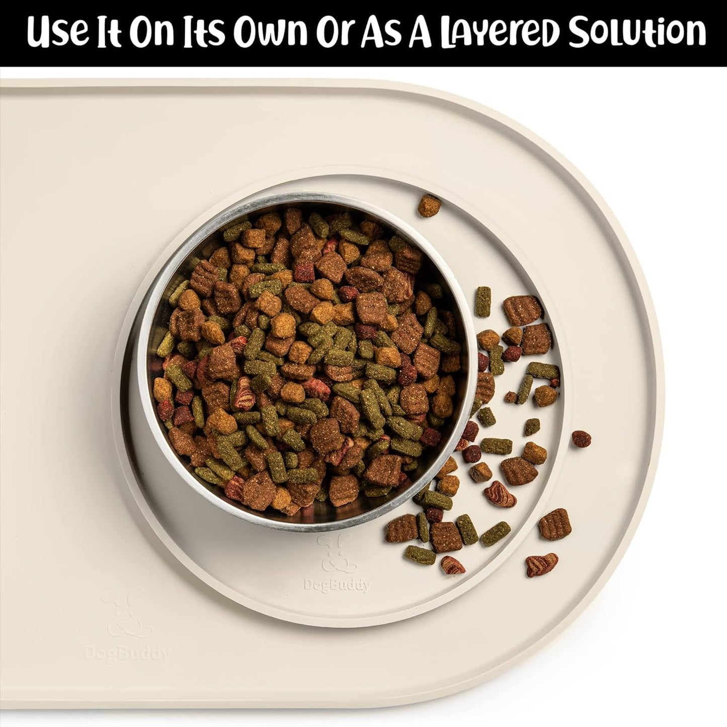 DogBuddy Dog Food Mat - Waterproof Dog Bowl Mat, Silicone Pet Mat for Food and Water Bowls, Nonslip Pet Feeding Mat with Edges, Dogs Food Mats for Floors, Puppy Supplies (White Sand)