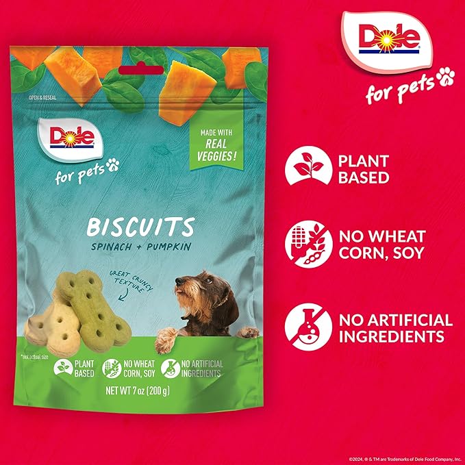 Dole for Pets Freshly Fetched Dog Biscuits, Spinach & Pumpkin Flavor Dog Treats | Real Veggies, No Wheat, Corn, Soy, Artificial Flavors, Colors, Preservatives, or Animal Products, 7 Ounce - 6 Pack
