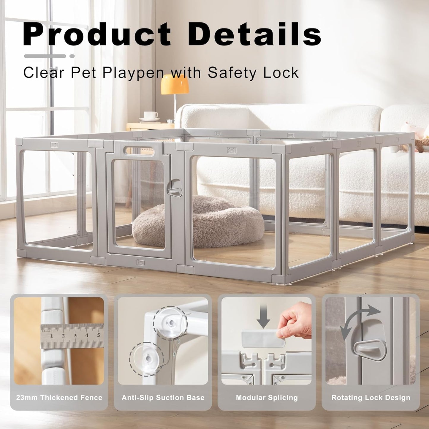 Clear Acrylic Plastic Dog Playpen Indoor - Easy Assemble Small Pet Play Pen for Puppy Cat Rabbit Pig Transparent Fence Enclosure Crate Kennel Whelping Cage (Grey, 12 Panel)