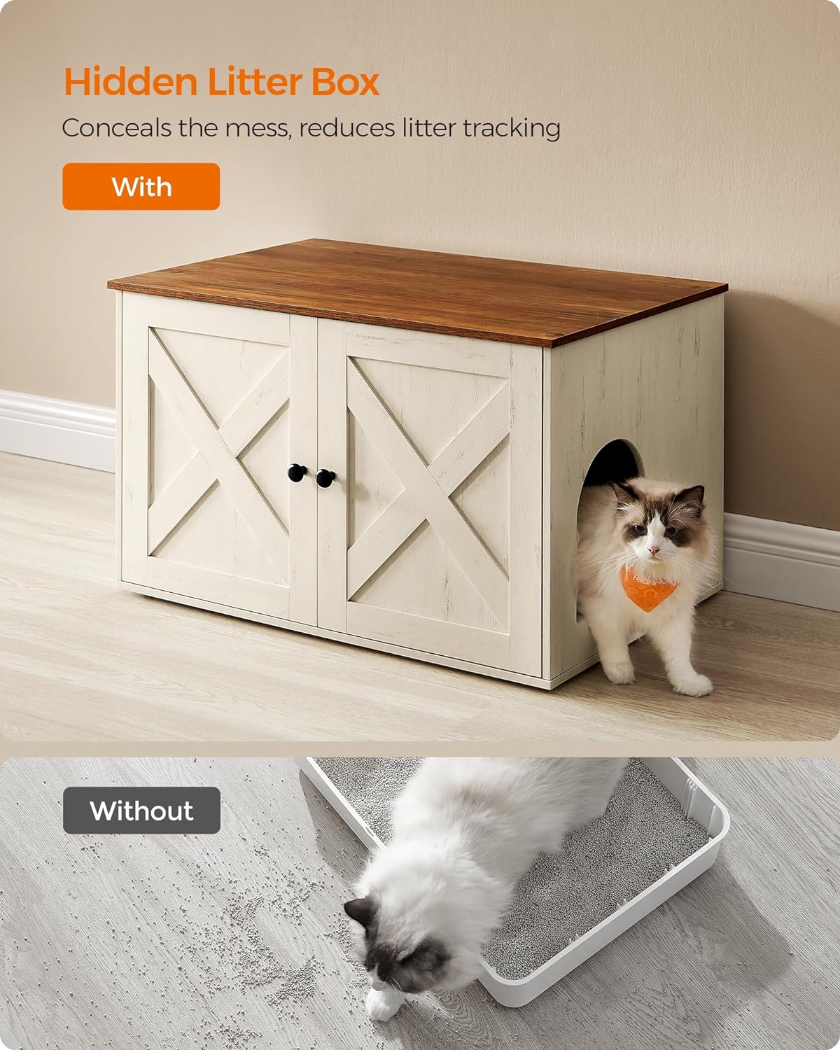 Feandrea Cat Litter Box Enclosure, Litter Box Furniture Hidden with Removable Divider, Indoor Cat House, End Table, 31.5 x 20.9 x 19.7 Inches, Honey Brown and Rustic White UPCL002P01