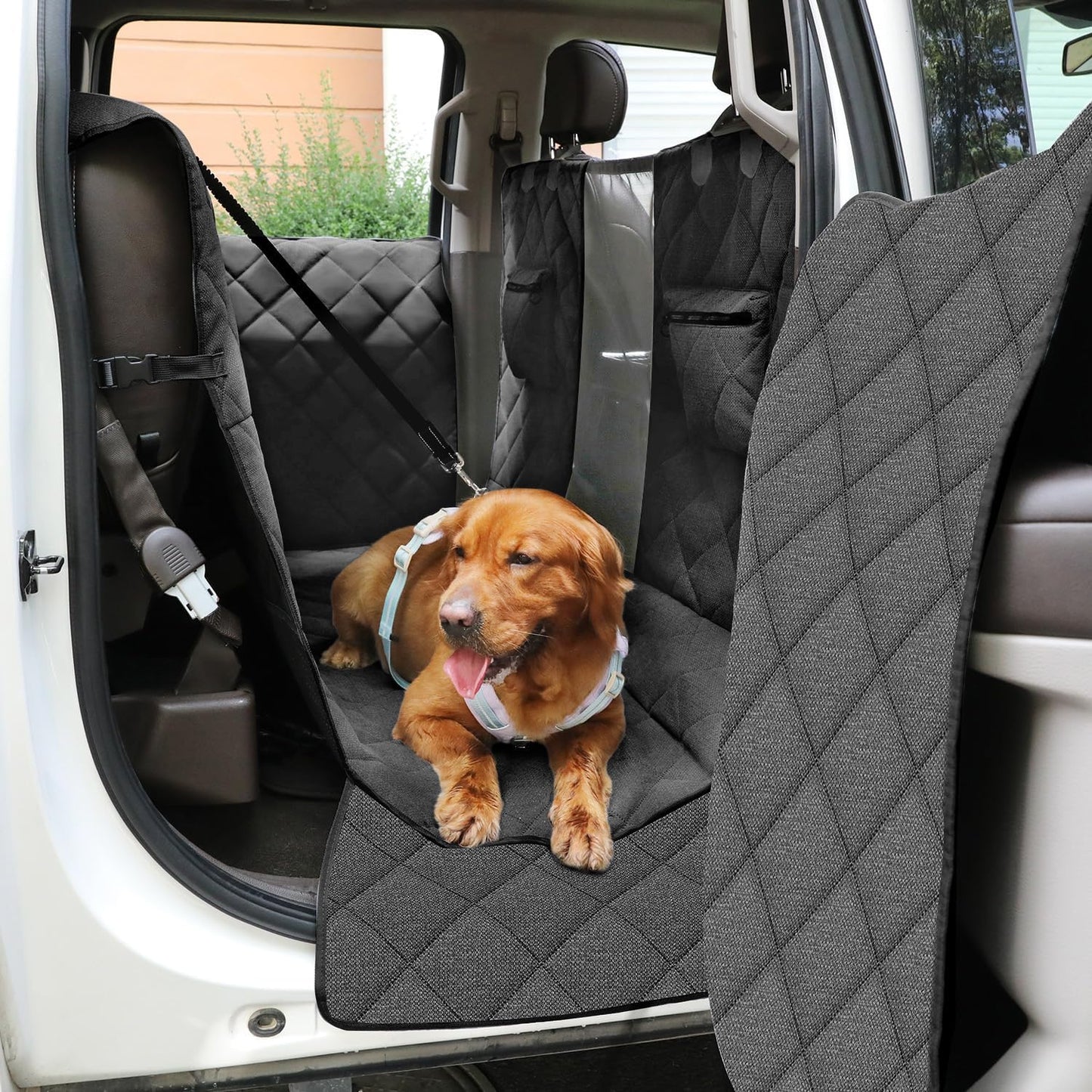 Large Back Seat Extender for Dogs, Paw-Proof & Waterproof Pet Seat Cover with Door Protection for Full-Size Crewcab Trucks, Dog Hammock Reinforced with Glass-Fiber Rods