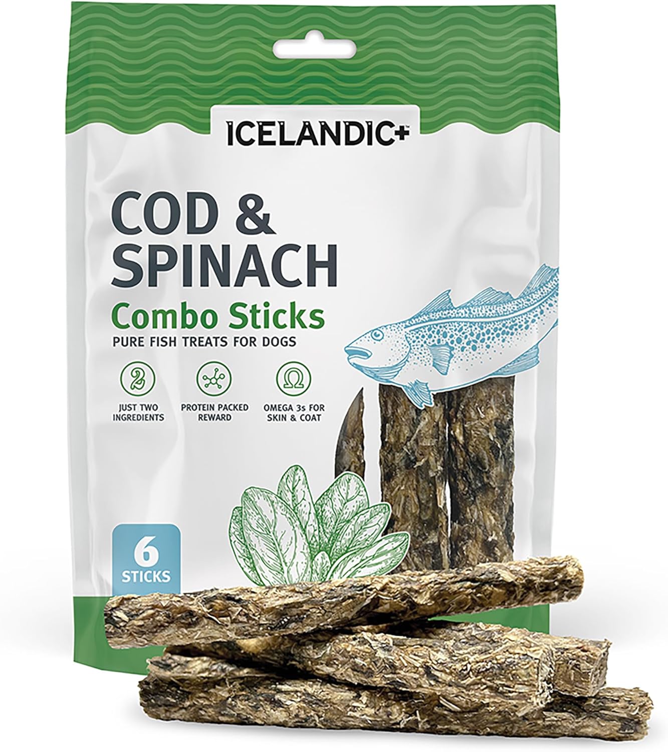Icelandic+ Combo Sticks: Cod & Spinach - 6pk Wild-Caught Fish Dog Treats, 2oz Bag, 2 Simple Ingredient Pet Snacks, Skin-Coat Health, Natural Pet Chews