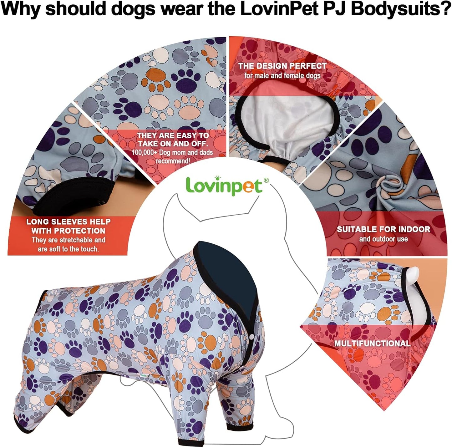 LovinPet Large Breeds Dog Onesies - Dog Pajamas, Lightweight Stretchy Fabric, Dog Long Sleeve Shirt, Paw-Some Steel Gray Print, Dog Jumpsuit, UV Protection, Pet PJ's/XL