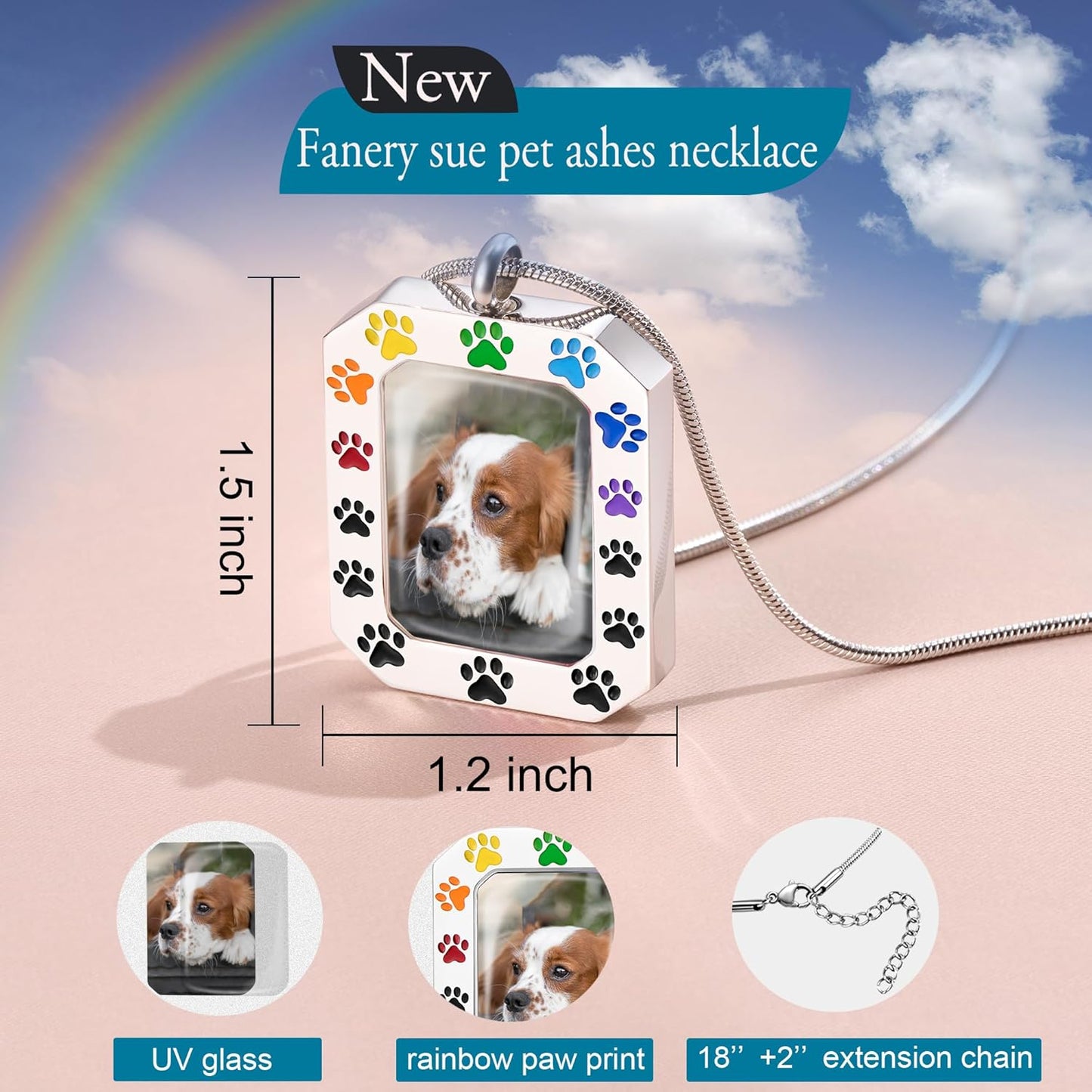 Fanery Sue Personalized Pet Ashes Necklace for Dog Cat Custom Photo&Text Pet Loss Sympathy Gift Cremation Jewelry