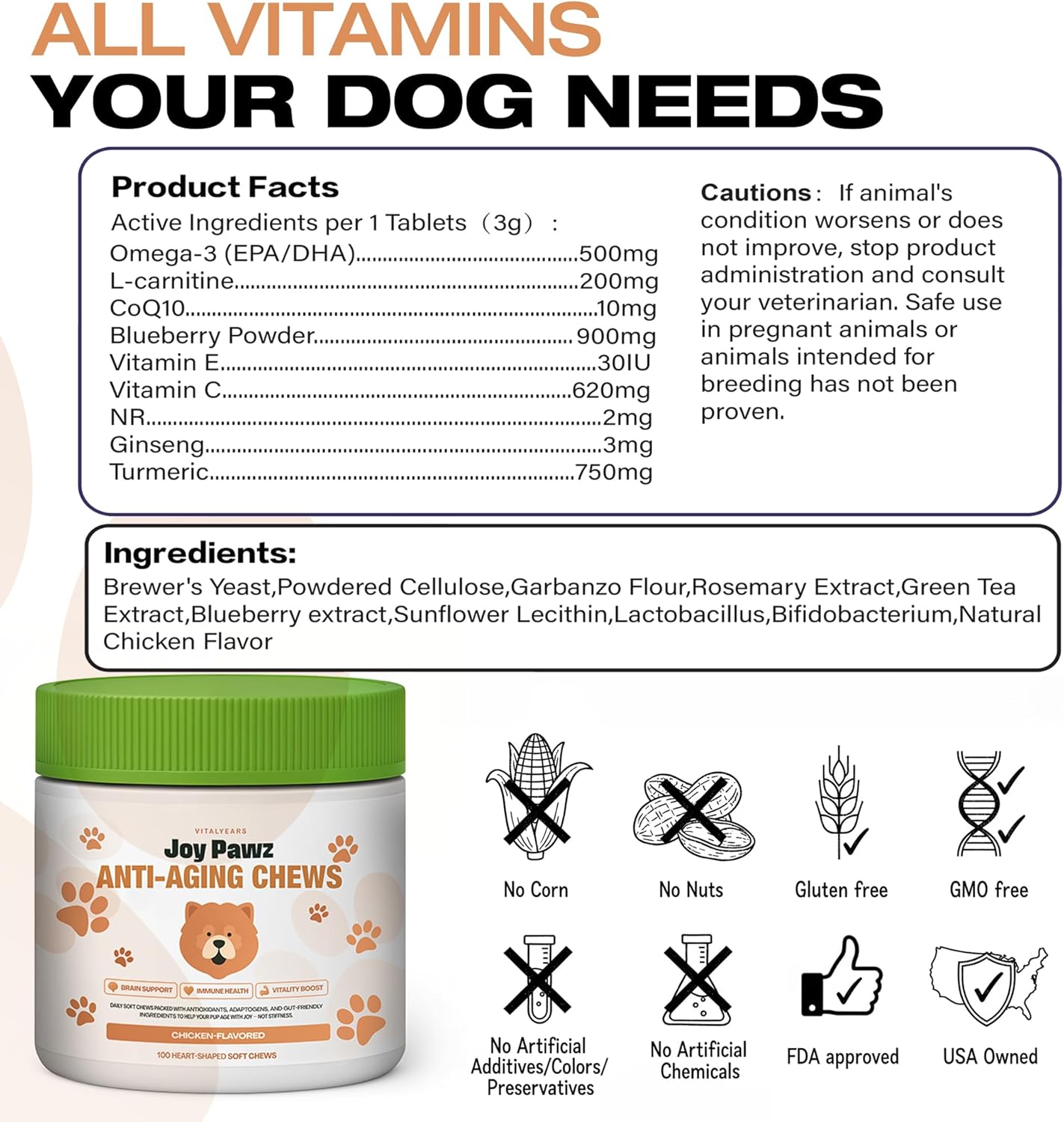 Anti-Aging Dog Supplement – NAD+ Levels Raised w/Nicotinamide Riboside, Tumeric, Multivitamin, Probiotics - Soft Chews for Senior Dogs - Brain, Joint & Immune Support – Chicken Flavor, 100pc
