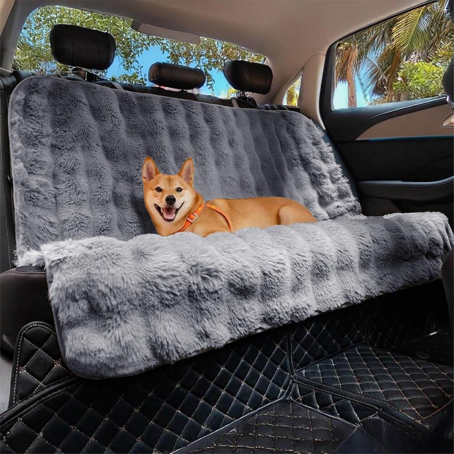 FUNNY FUZZY Fluffy Dog Car Seat Cover for Back Seat (Bench), Water-Resistant with Nonslip Backing,Pet Seat Protector for Cars SUVs Trucks（Gray