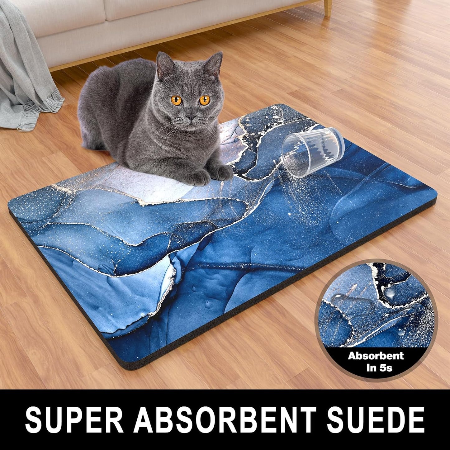 Dog Food Mat, 12" x 19" Marble Absorbent Dog Cat Bowl Mat for Food and Water, Cute Anti-Slip Rubber Pet Feeding Rug Protect Floors, Placemat for Feeding & Watering Supplies, Navy