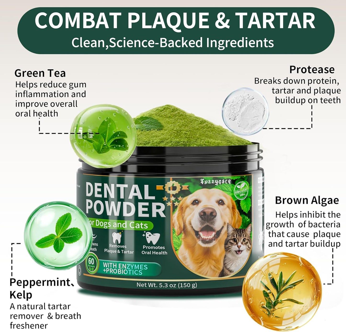 Dog Dental Powder, Dog Teeth Cleaning Powder with Natural Herbal Blend, Plaque Off Pet Tooth Cleaning lab co, Targets Tartar & Reduces Plaque & Bad Breath for Dogs & Cats, Mint -150Grams