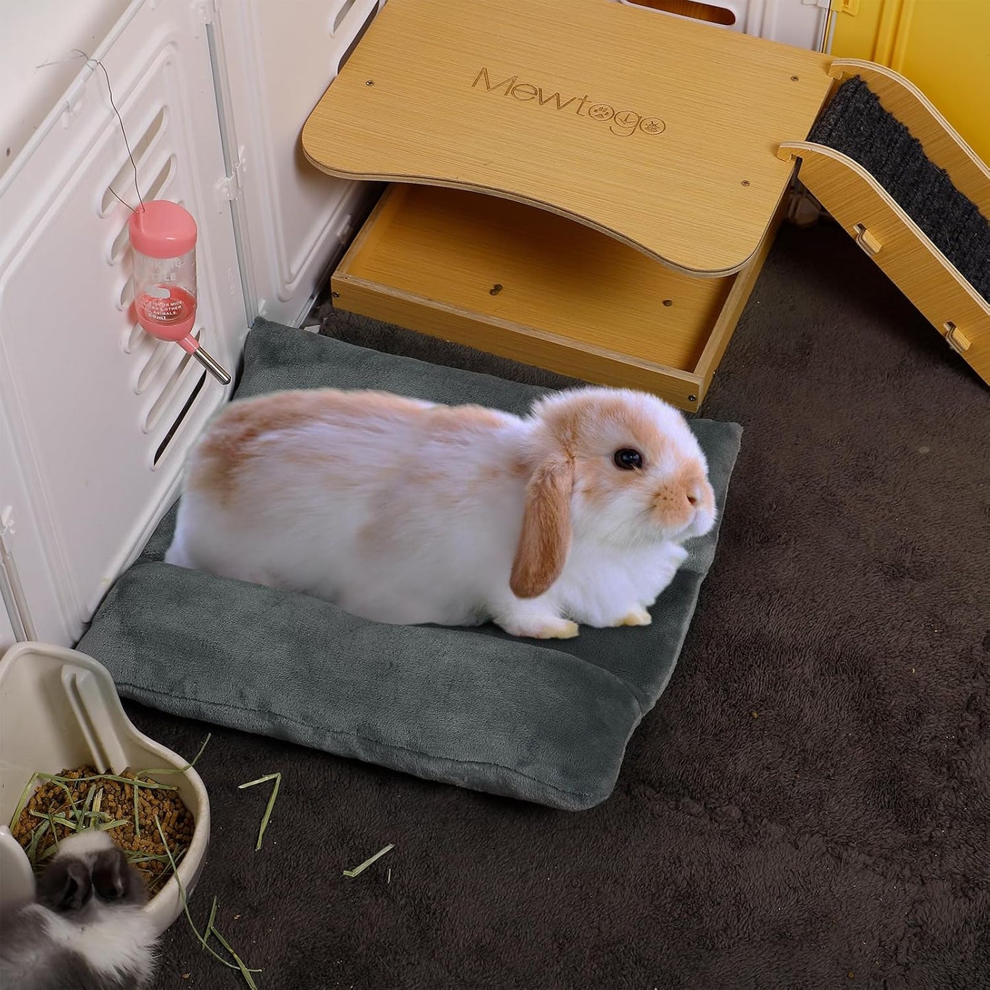 MEWTOGO 13 x 14In Rabbit Bed, Thickened Soft Bunny Snuggle Concave Bed, Cuddle Cushion Plush Mat with Cotton Lounger Pillows, Small Pet Flop Mat for Indoor Cage Sleeping Bunny Gifts, Gray