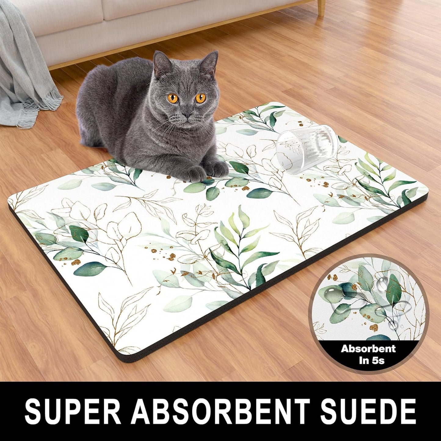 Dog Food Mat, 16" x 24" Minimalism Absorbent Dog Cat Bowl Mat for Food and Water, Cute Anti-Slip Rubber Pet Feeding Rug Protect Floors, Placemat for Feeding & Watering Supplies, Leaf