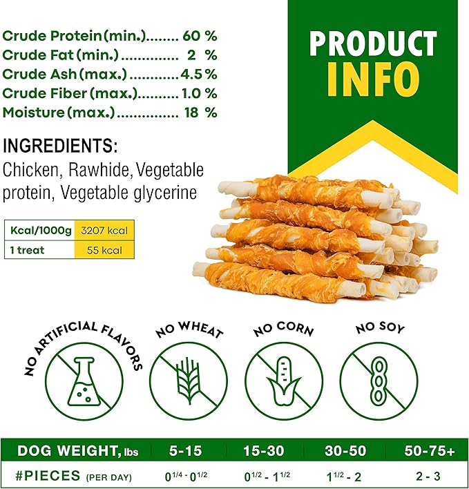 Dog Treats Rawhide Sticks 11 oz Wrapped with Chicken Pet Natural Chew Treats - Grain Free Meat & Human Grade Dried Snacks - Best for Small & Large Dogs (10.6 Ounce (Pack of 1), Rawhide Sticks)