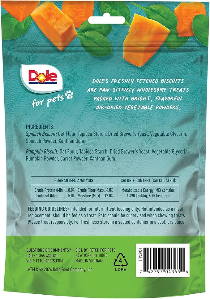 Dole for Pets Freshly Fetched Dog Biscuits, Spinach & Pumpkin Flavor Dog Treats | Real Veggies, No Wheat, Corn, Soy, Artificial Flavors, Colors, Preservatives, or Animal Products, 7 Ounce - 6 Pack