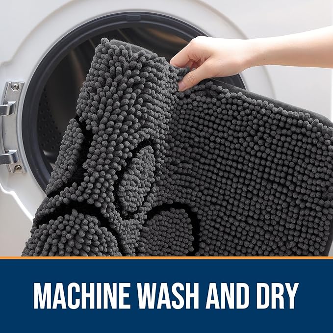 OLANLY Door Mat for Muddy Dog Paws 30x20, Absorbent Chenille Doormat with Paw Print Design, Non-Slip Washable Doormat for Indoor Entryway, Quick-Dry Pet Bed Mats for Dirty Dogs, Dark Grey and Black