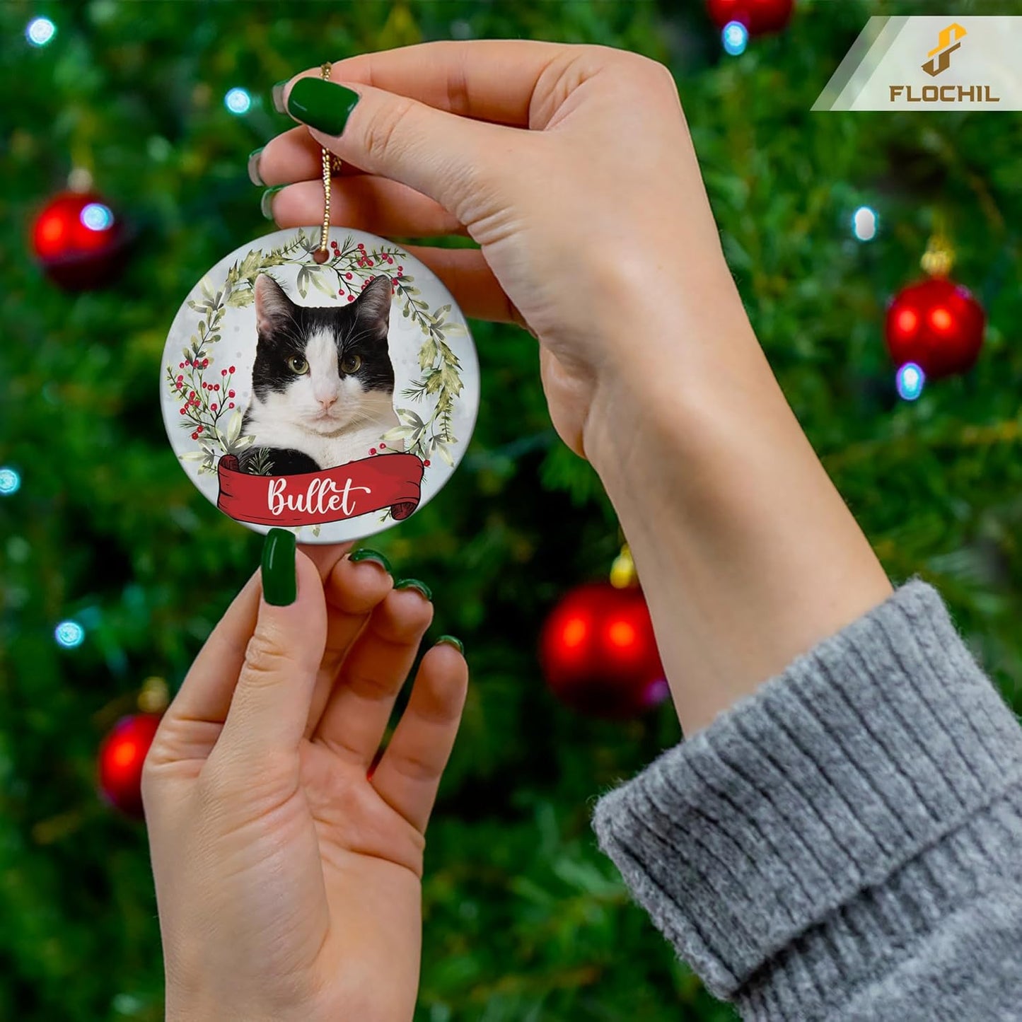 FLOCHIL Personalized Cat Christmas Ornaments Custom Photo Name for Christmas Trees, Cat First Christmas Ornaments, Gifts for Pet Lovers