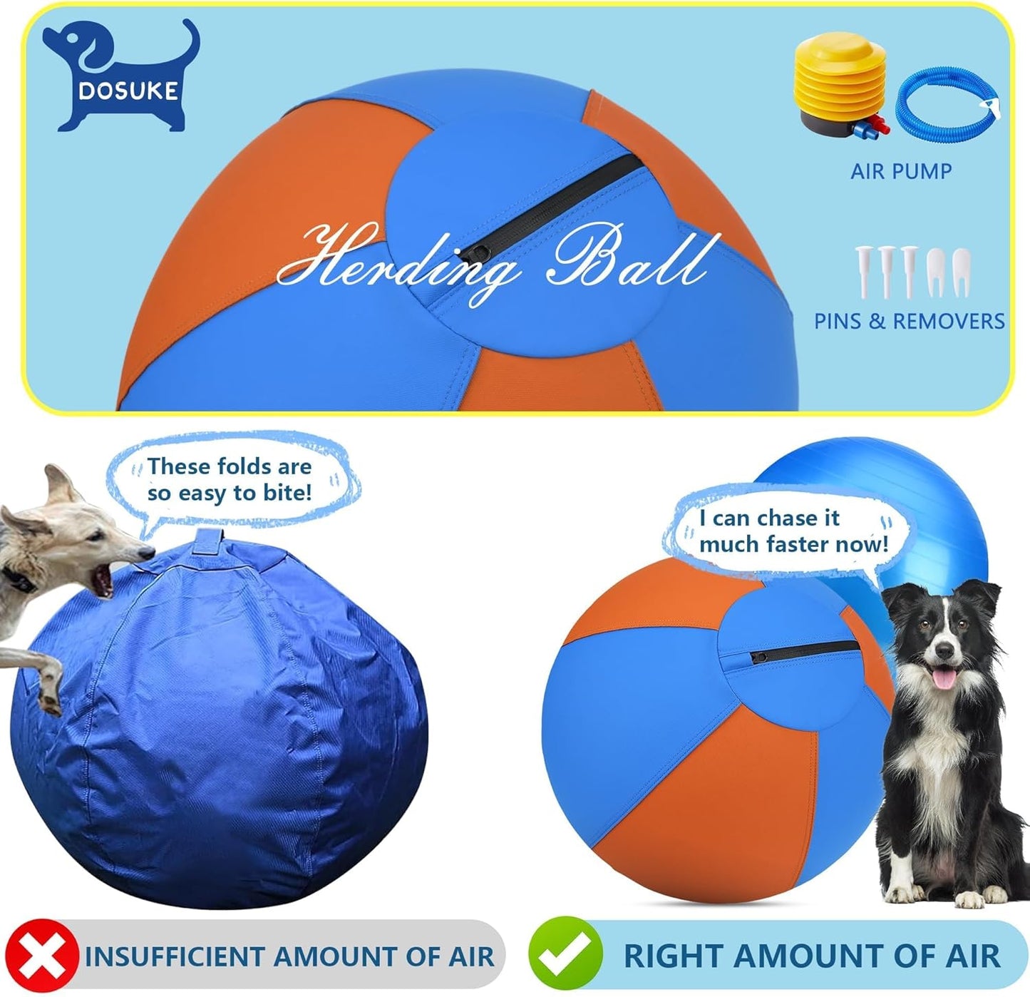 Herding Ball for Dogs - 18" Medium Herding Ball with Anti-Burst Cover and Pump, Outdoor Dog Exercise Toy for Australian Shepherd, German Shepherd, Collie (Blue & Orange)
