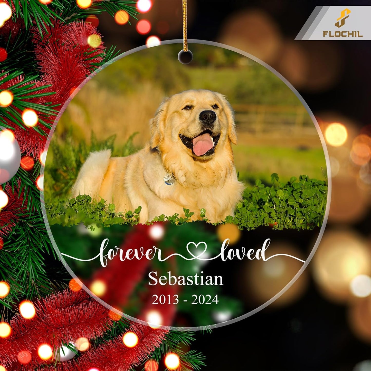 FLOCHIL Personalized Dog Memorial Christmas Ornaments, Custom Dog Christmas Ornaments with Name Photo, Pet Memorial Ornament, Gift for Pet Lovers