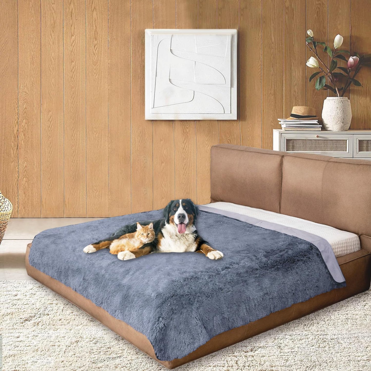 Dogs/Cats Bed Mats, Dog Pad Washable Removable Couch Cover with Anti-Slip Back, Plush Long Fur Mat, Perfect for Small, Medium and Large Dogs.(Navy Blue, 68"x82")