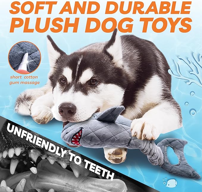 Dog Toys for Small Dogs, Squeaky Tough Dog Toys for Aggressive Chewers, Plush Dog Chew Toys for Teething, Interactive Shark Dog Toys to Keep Them Busy, Puppy Toys for Small, Medium,Large Breeds