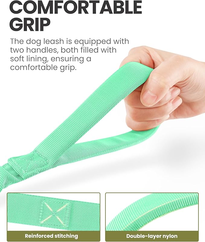 OutdoorMaster Bungee Dog Leash, Heavy Duty Dog Leash with Shock Absorption, 2 Padded Handles Training Leash, Improved Dog Safety and Comfort - Green Upgraded, 6FT